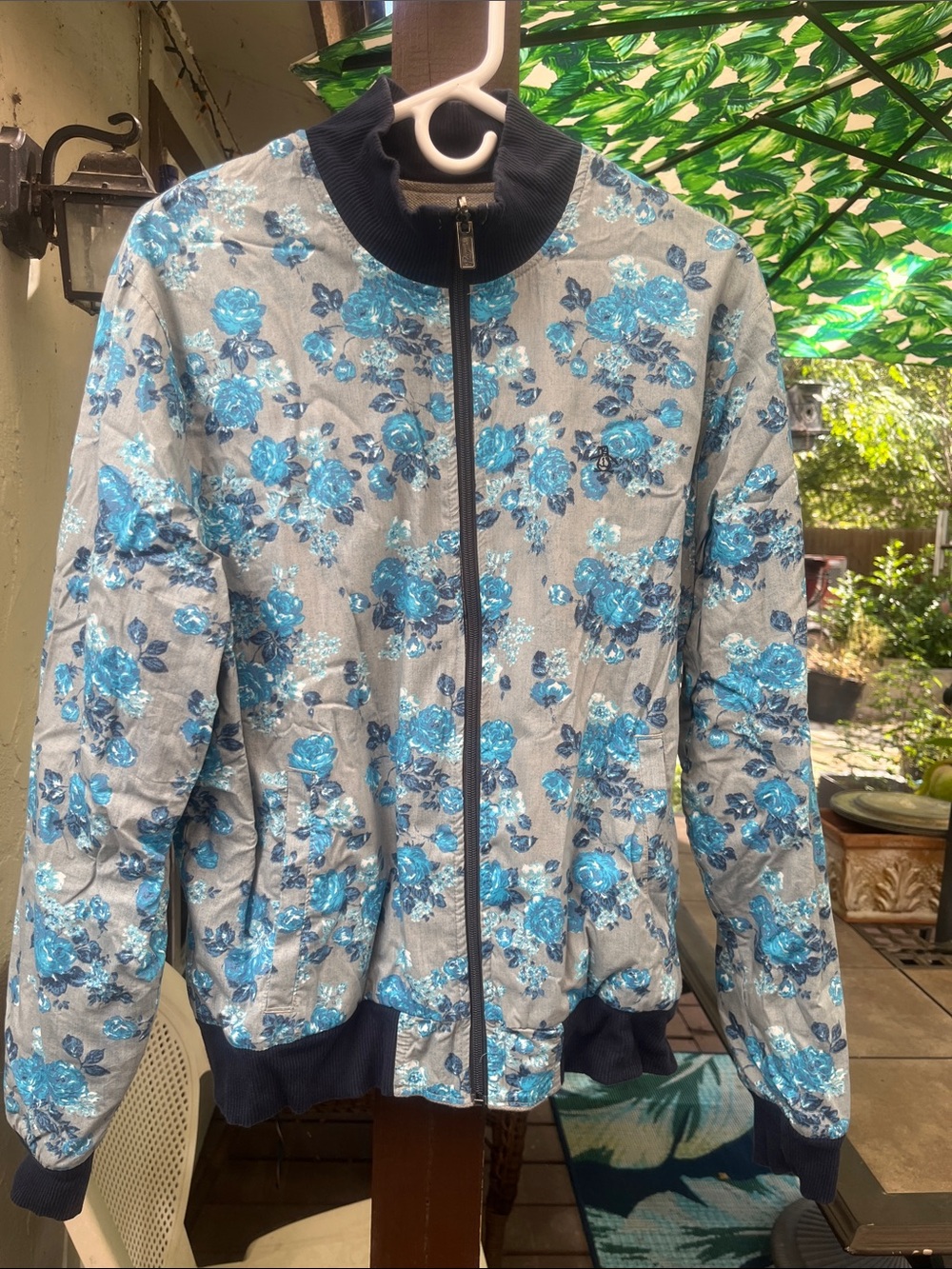 Original Penguin Reversible Track Jacket Gray Navy Floral L EUC